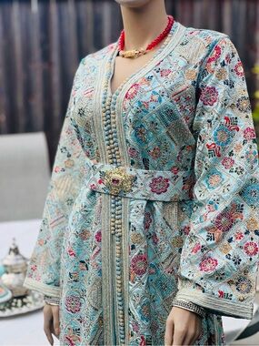 Caftan/Intricately Embroidered Light Blue Bridal Dress with Ornate Belt